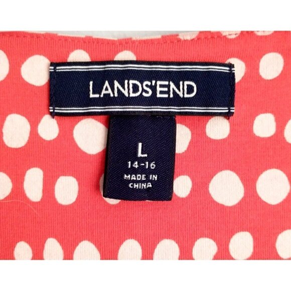 Lands' End Sleeveless V-Neck Dress Orange Red Polka Dot Stretch - 14/16 (L) - Picture 3 of 8